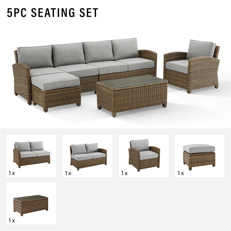 Crosley Furniture Bradenton 5-piece Fabric Outdoor Sectional Set in Gray