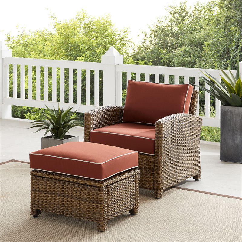 Crosley Furniture Bradenton 2PC Wicker / Rattan Armchair & Ottoman in Red/Brown