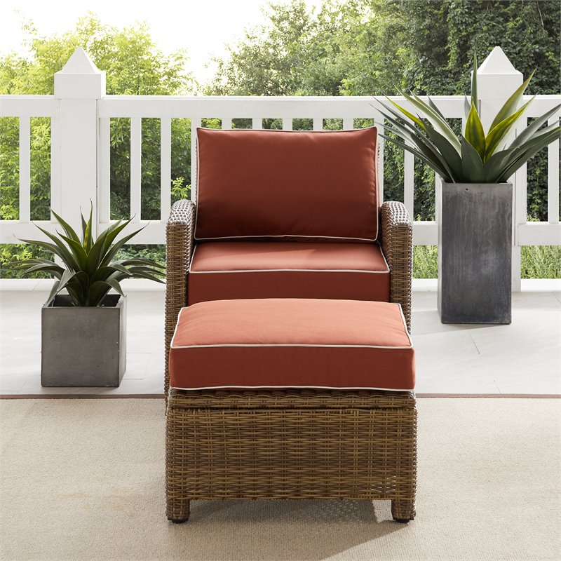 Crosley Furniture Bradenton 2PC Wicker / Rattan Armchair & Ottoman in Red/Brown