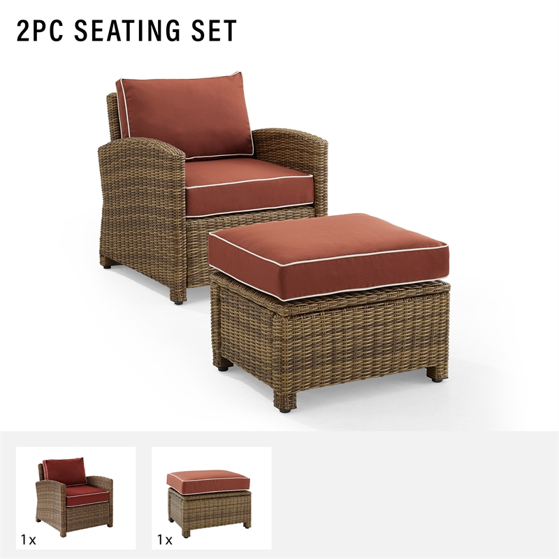 Crosley Furniture Bradenton 2PC Wicker / Rattan Armchair & Ottoman in Red/Brown