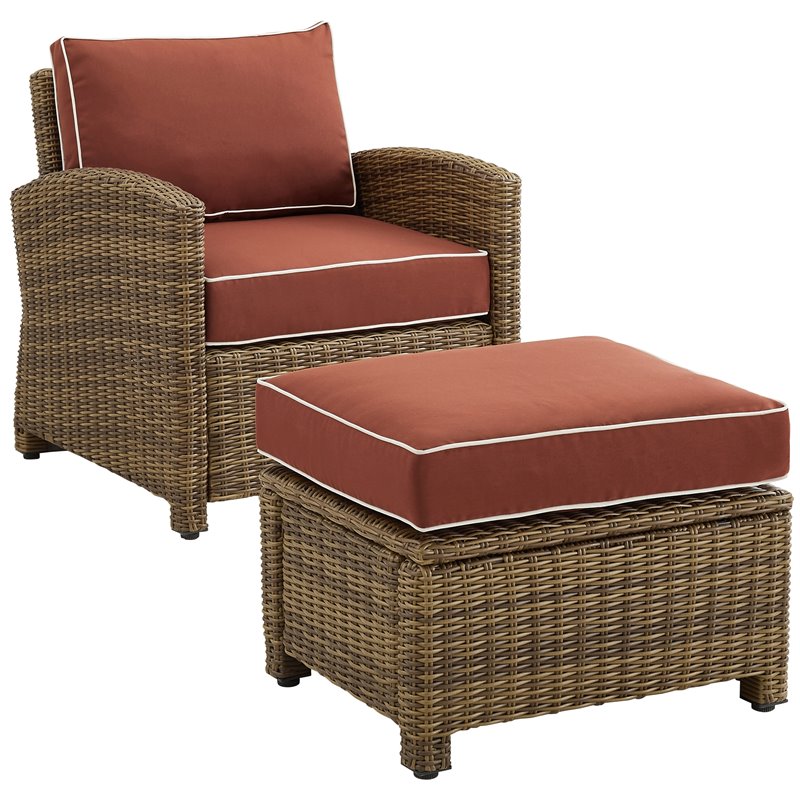 Crosley Furniture Bradenton 2PC Wicker / Rattan Armchair & Ottoman in Red/Brown
