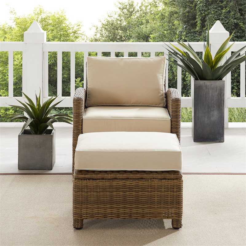 Crosley Furniture Bradenton 2PC Wicker / Rattan Armchair & Ottoman in Sand/Brown