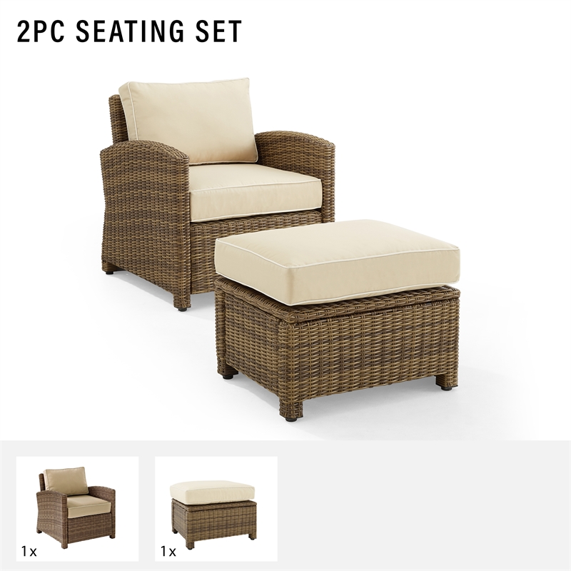 Crosley Furniture Bradenton 2PC Wicker / Rattan Armchair & Ottoman in Sand/Brown