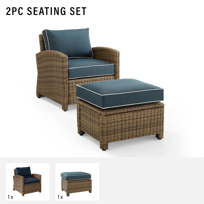 Crosley Furniture Bradenton 2PC Wicker / Rattan Armchair & Ottoman in Navy/Brown