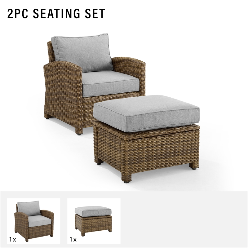 Crosley Furniture Bradenton 2PC Wicker / Rattan Armchair & Ottoman in Gray/Brown