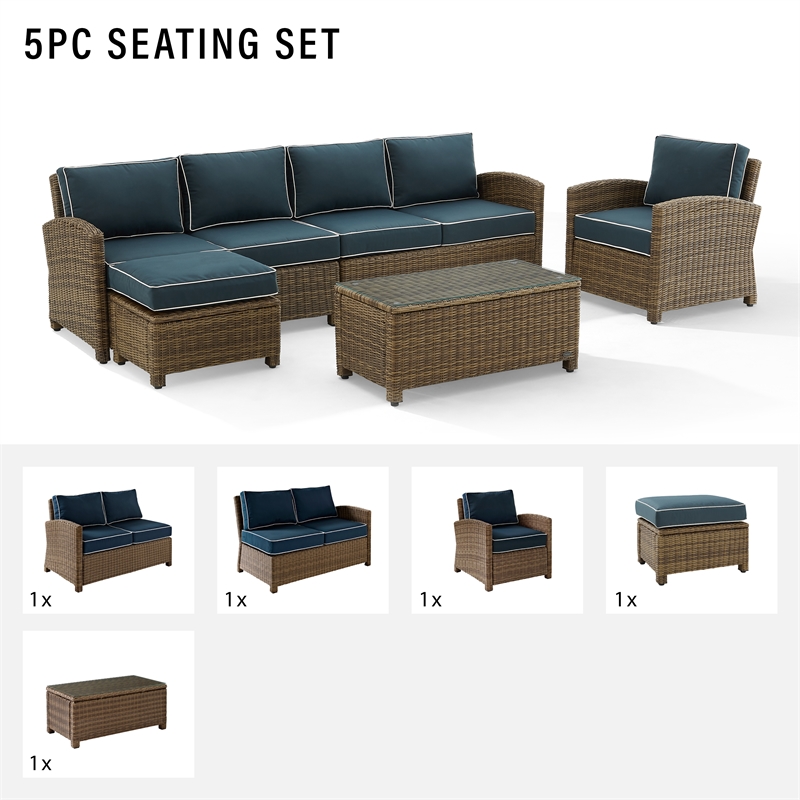 Crosley Furniture Bradenton 5-Piece Fabric Outdoor Sectional Set in Navy