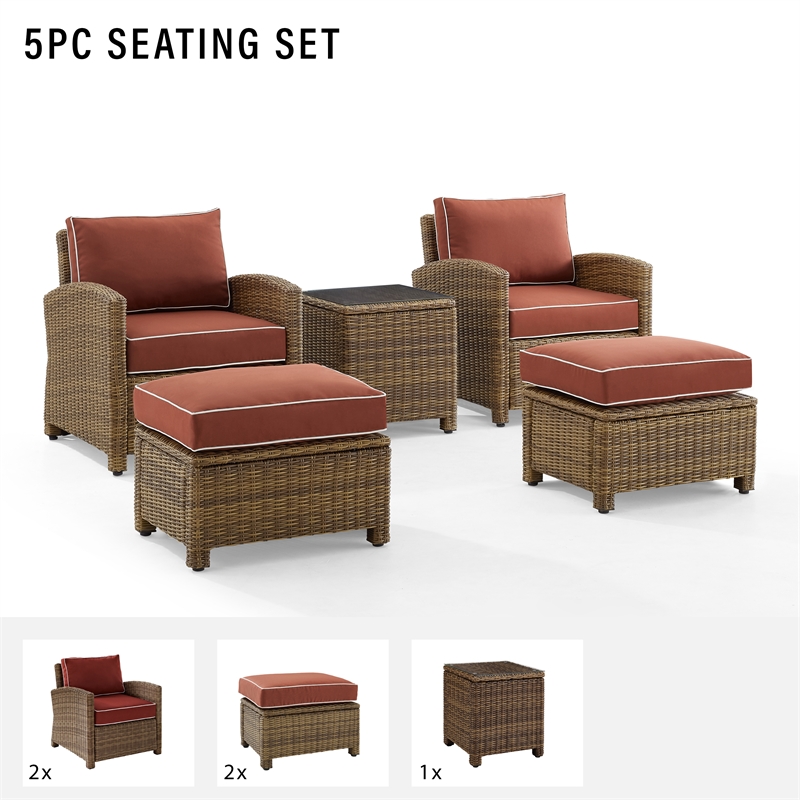 Crosley Furniture Bradenton 5-pc Wicker / Rattan Outdoor Chair Set in Red/Brown