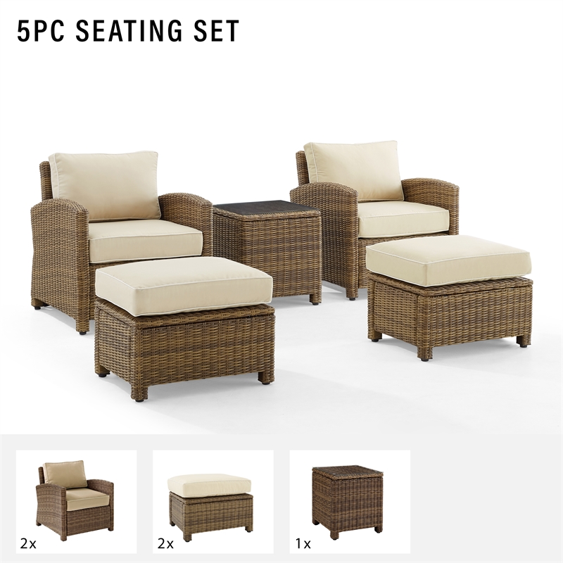 Crosley Furniture Bradenton 5-pc Wicker / Rattan Outdoor Chair in Sand/Brown