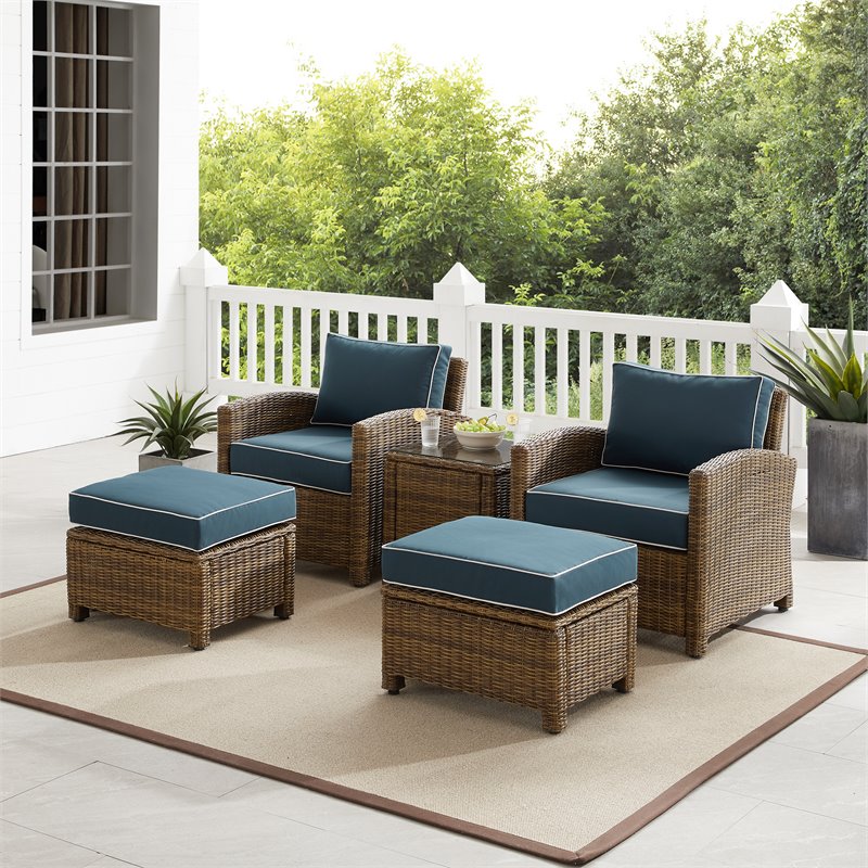 Crosley Furniture Bradenton 5-pc Wicker / Rattan Outdoor Chair in Navy/Brown