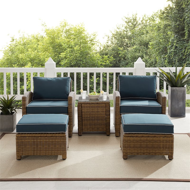 Crosley Furniture Bradenton 5-pc Wicker / Rattan Outdoor Chair in Navy/Brown