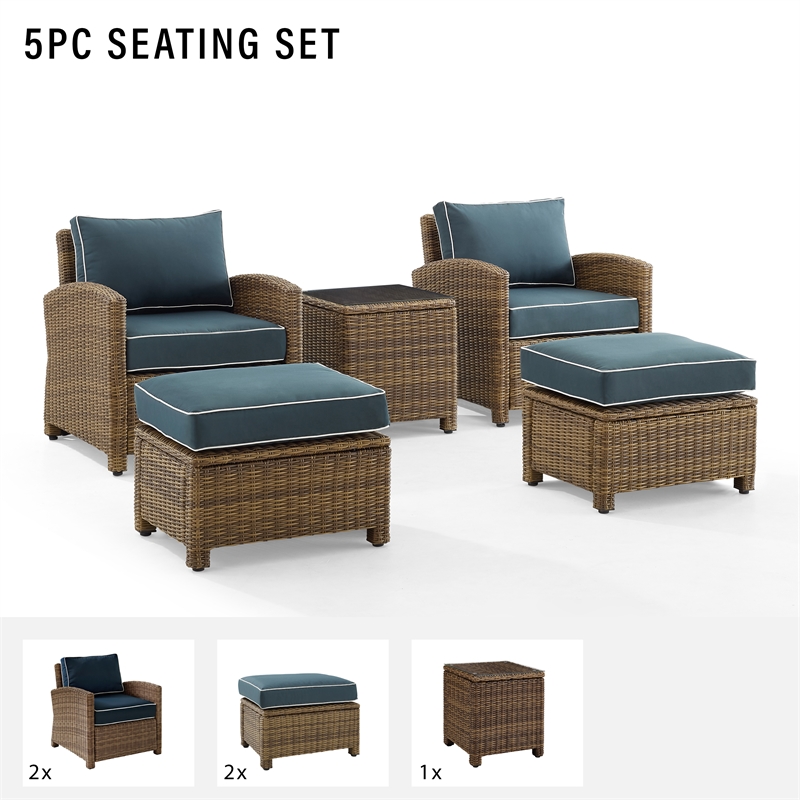 Crosley Furniture Bradenton 5-pc Wicker / Rattan Outdoor Chair in Navy/Brown