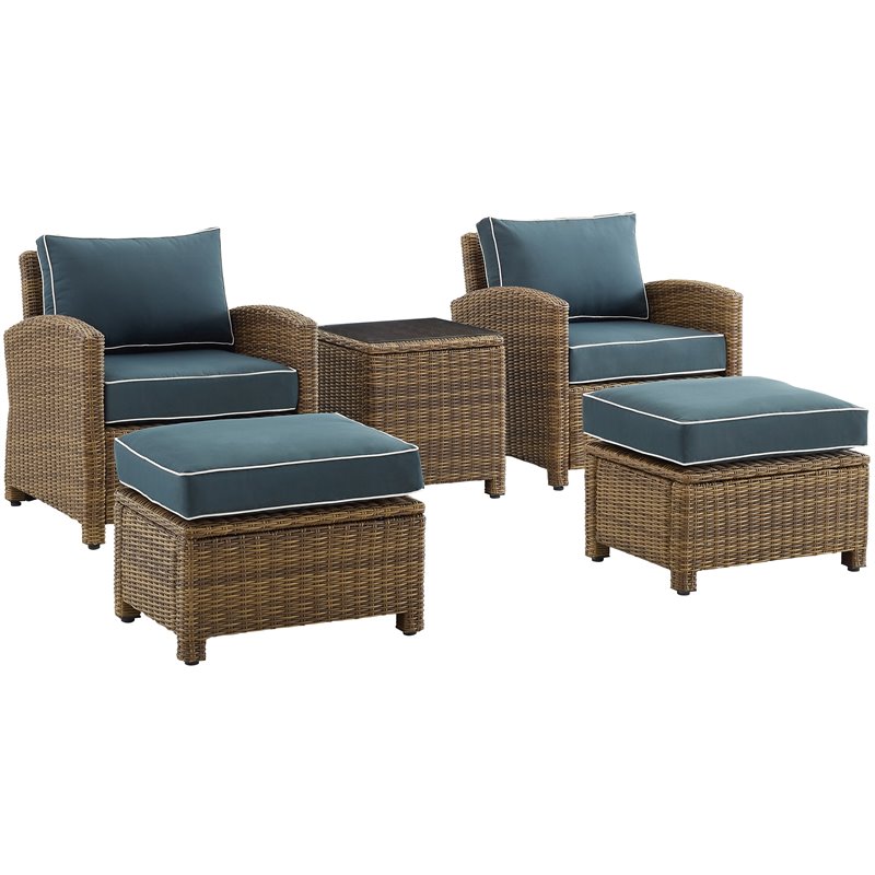 Crosley Furniture Bradenton 5-pc Wicker / Rattan Outdoor Chair in Navy/Brown