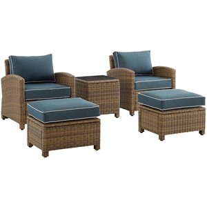 Crosley Furniture Bradenton 5-pc Wicker / Rattan Outdoor Chair in Navy/Brown