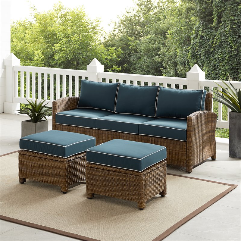 Crosley Furniture Bradenton 3PC Wicker / Rattan Outdoor Sofa Set in Navy/Brown