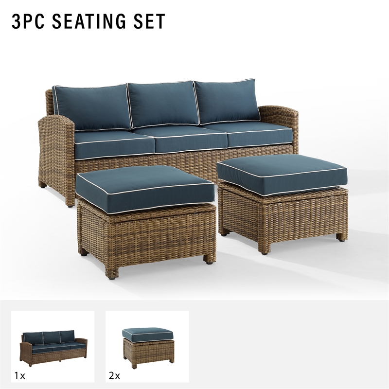 Crosley Furniture Bradenton 3PC Wicker / Rattan Outdoor Sofa Set in Navy/Brown