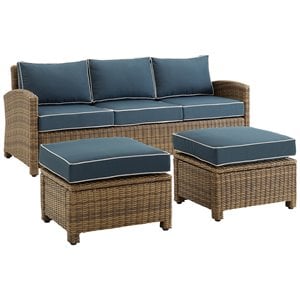 Crosley Furniture Bradenton 3PC Wicker / Rattan Outdoor Sofa Set in Navy/Brown