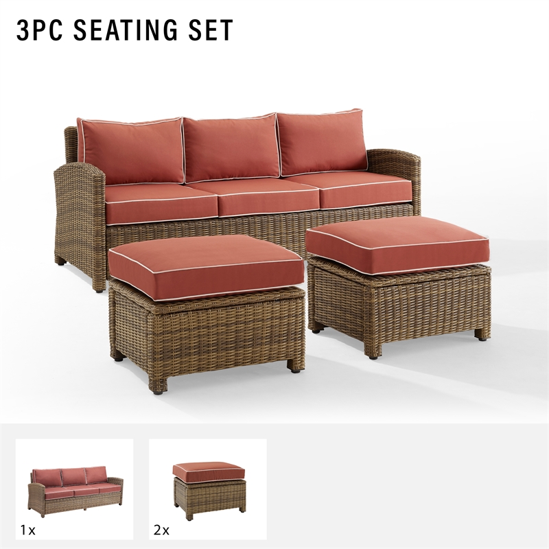 Crosley Furniture Bradenton 3-piece Fabric Outdoor Sofa Set in Sangria Red/Brown