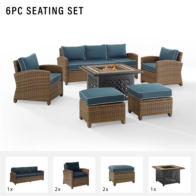 Crosley Furniture Bradenton 6-piece Fabric Outdoor Sofa Set in Navy/Brown