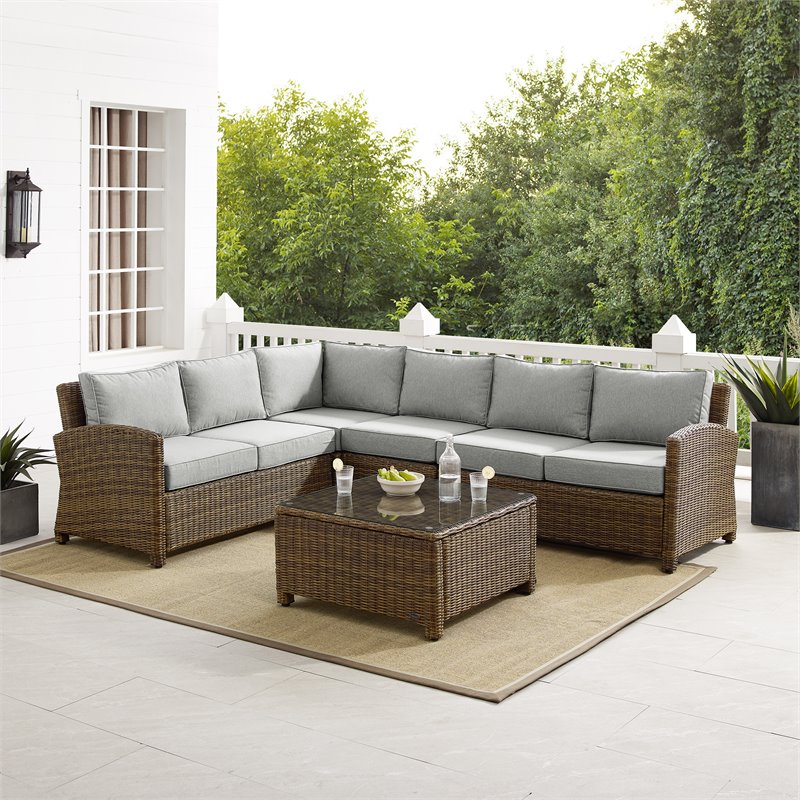 Crosley Furniture Bradenton 5Pc Outdoor Fabric Sectional Set in Gray & Brown