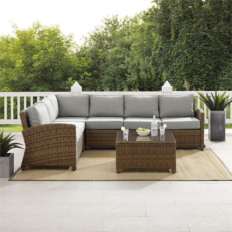 Crosley Furniture Bradenton 5Pc Outdoor Fabric Sectional Set in Gray & Brown