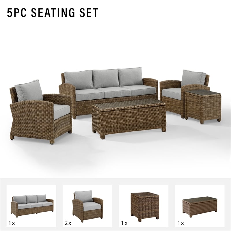 Crosley Furniture Bradenton 5Pc Outdoor Fabric Sofa Set in Gray & Brown