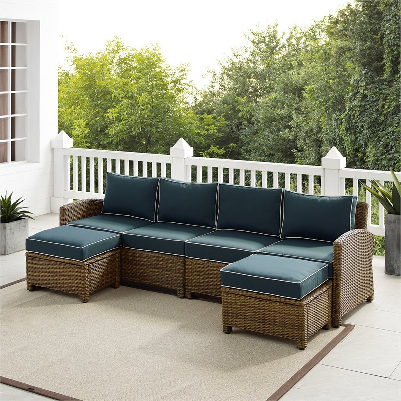 Crosley Furniture Bradenton 4Pc Outdoor Fabric Sectional Set in Navy & Brown