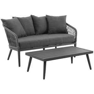 Crosley Furniture Dover 2 Piece Patio Rope Loveseat Set in Charcoal and Black