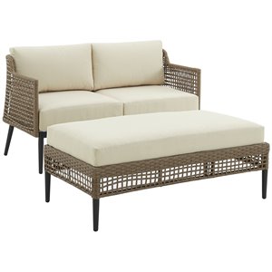crosley furniture southwick 2 piece wicker patio loveseat set in creme and brown