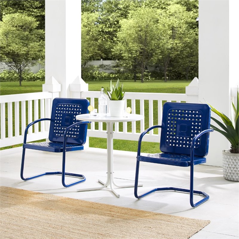 Crosley Furniture Bates 3 Piece Retro Metal Patio Bistro Set in Navy and White