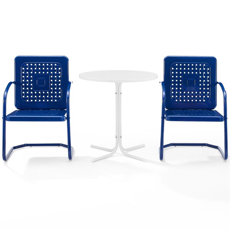 Crosley Furniture Bates 3 Piece Retro Metal Patio Bistro Set in Navy and White