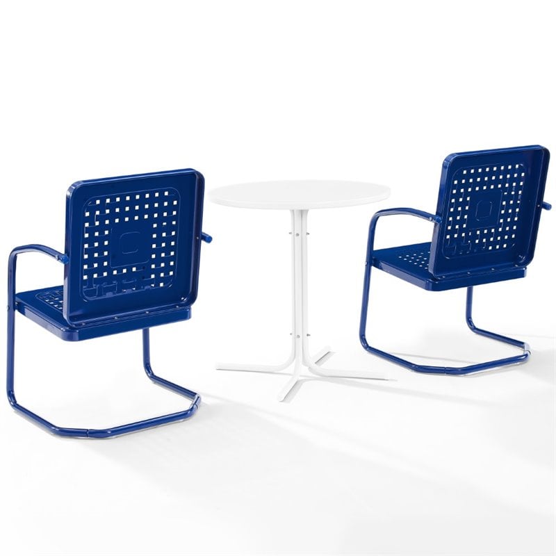 Crosley Furniture Bates 3 Piece Retro Metal Patio Bistro Set in Navy and White