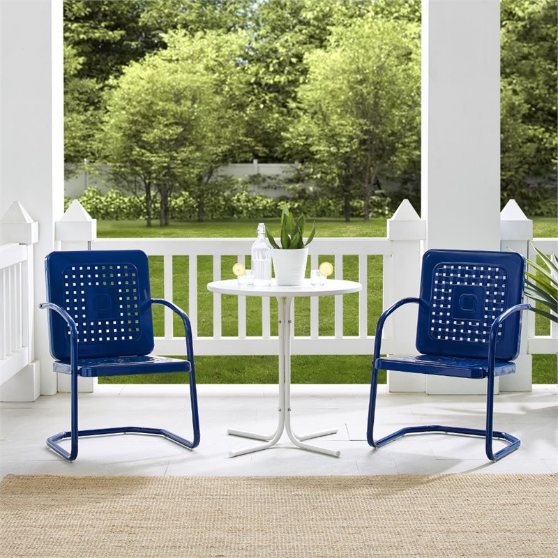 Crosley Furniture Bates 3 Piece Retro Metal Patio Bistro Set in Navy and White