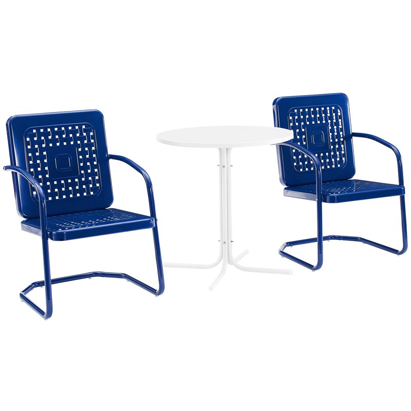 Crosley Furniture Bates 3 Piece Retro Metal Patio Bistro Set in Navy and White