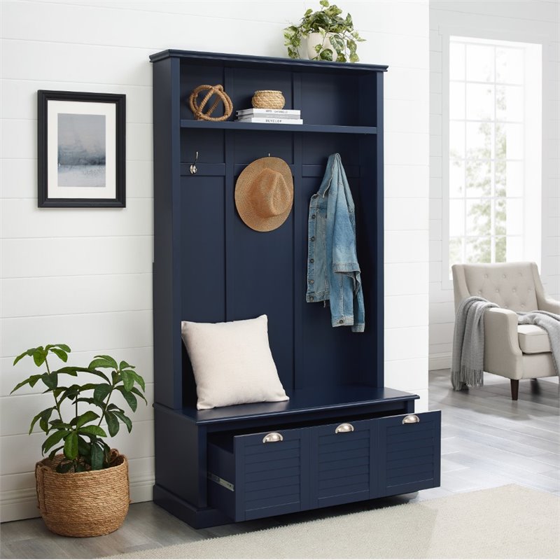 Crosley Furniture Ellison Coastal Wood Hall Tree in Navy and Chrome