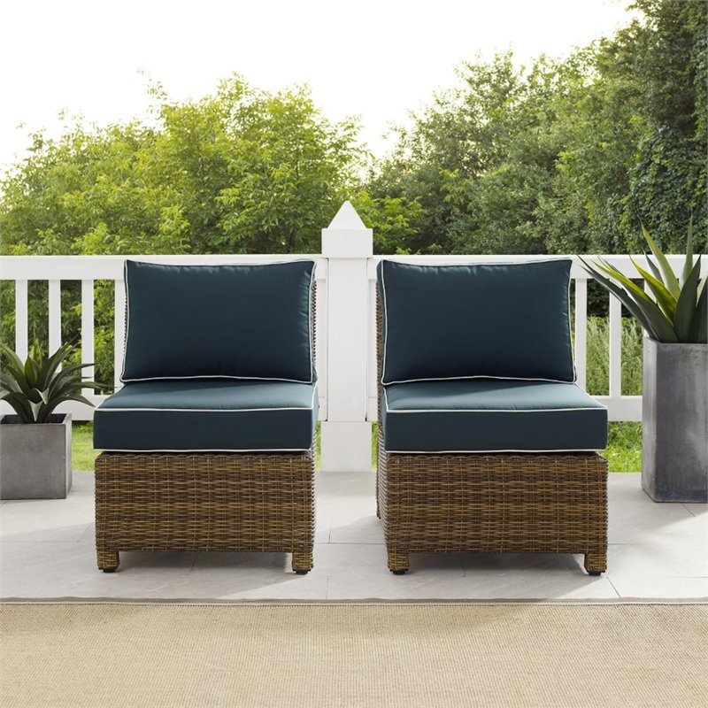Crosley Furniture Bradenton Armless Patio Chair in Navy and Brown (Set of 2)