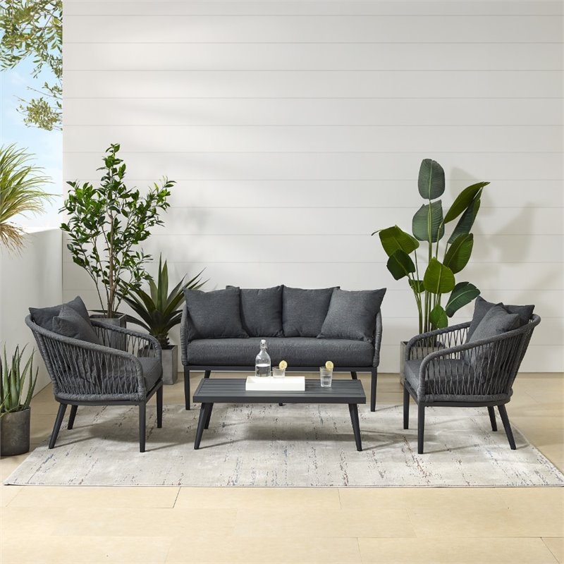 Crosley Furniture Dover 4 Piece Rattan, 4 Piece Outdoor Wicker Furniture Set With Charcoal Cushions