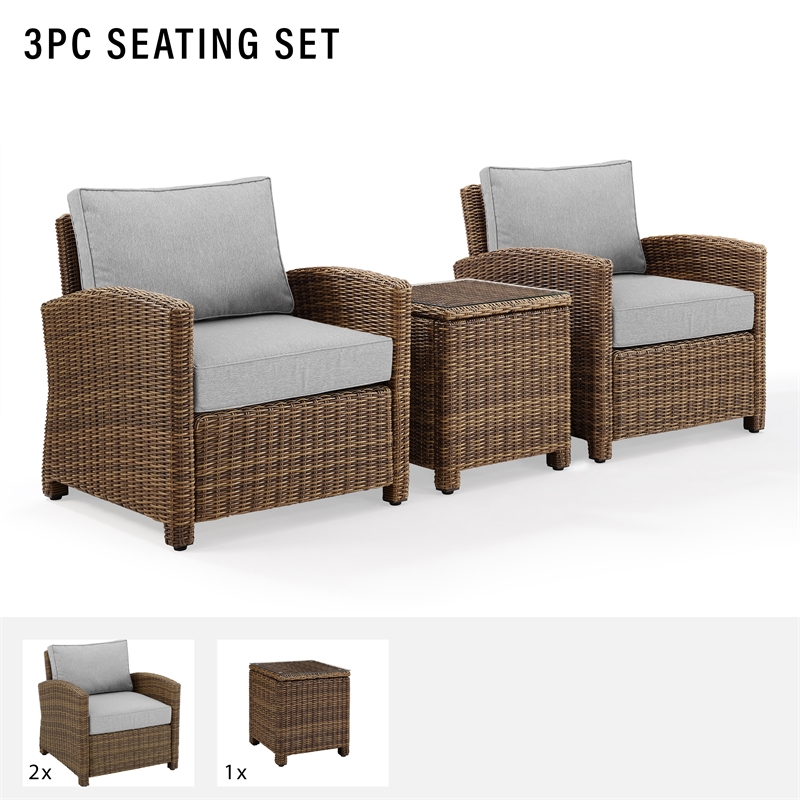 Crosley Furniture Bradenton 3 PC Wicker / Rattan Patio Conversation Set in Brown