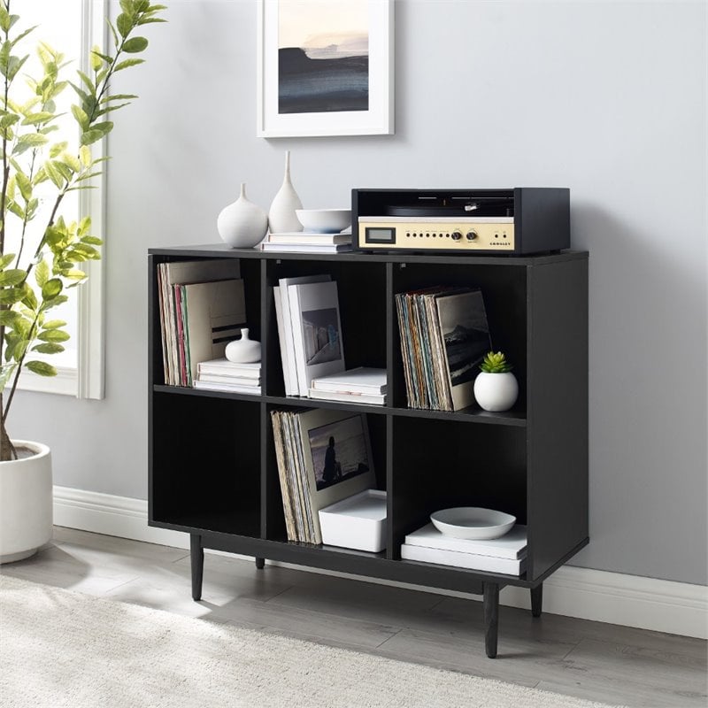 Crosley Furniture Liam 6 Cubby Wooden Record Storage Cube Bookcase in Black