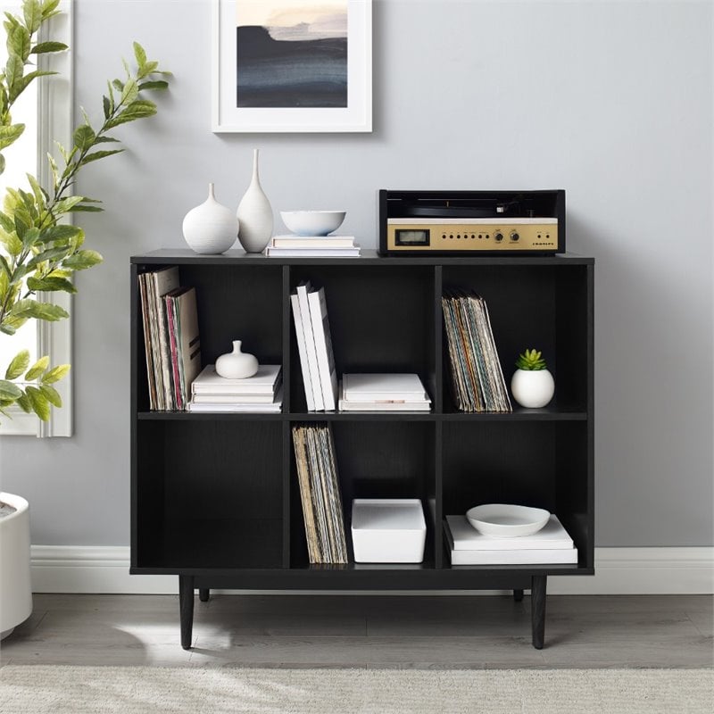 Crosley Furniture Liam 6 Cubby Wooden Record Storage Cube Bookcase in Black