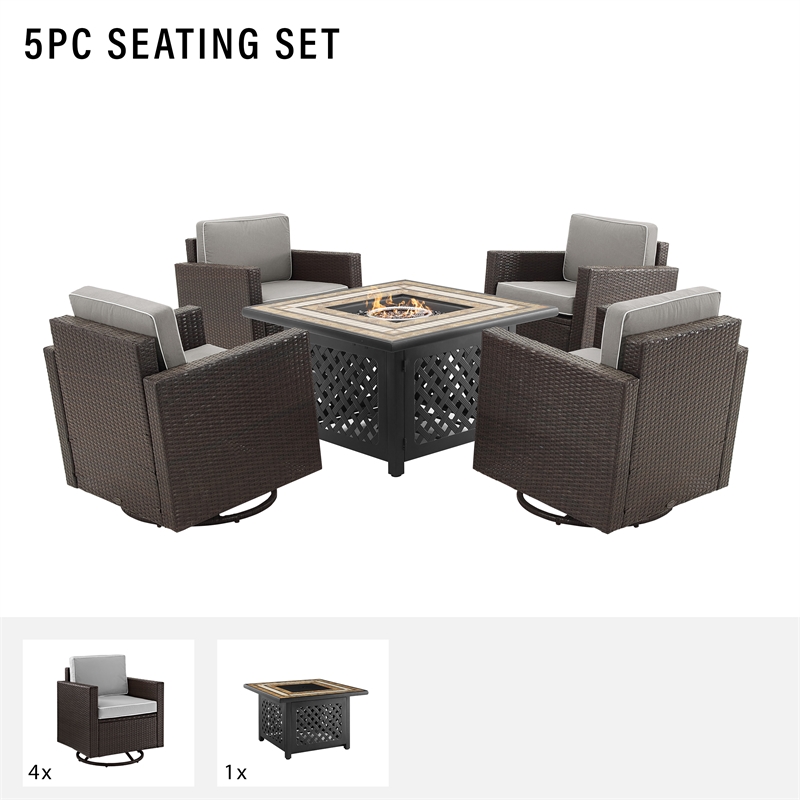 Crosley Furniture Palm Harbor 5PC Wicker / Rattan Conversation Set in Gray/Brown