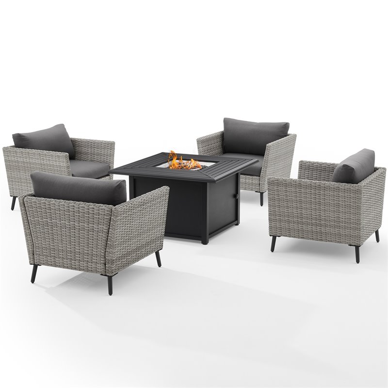 Crosley Richland 5 Piece Wicker Patio Fire Table Set in Gray and Black