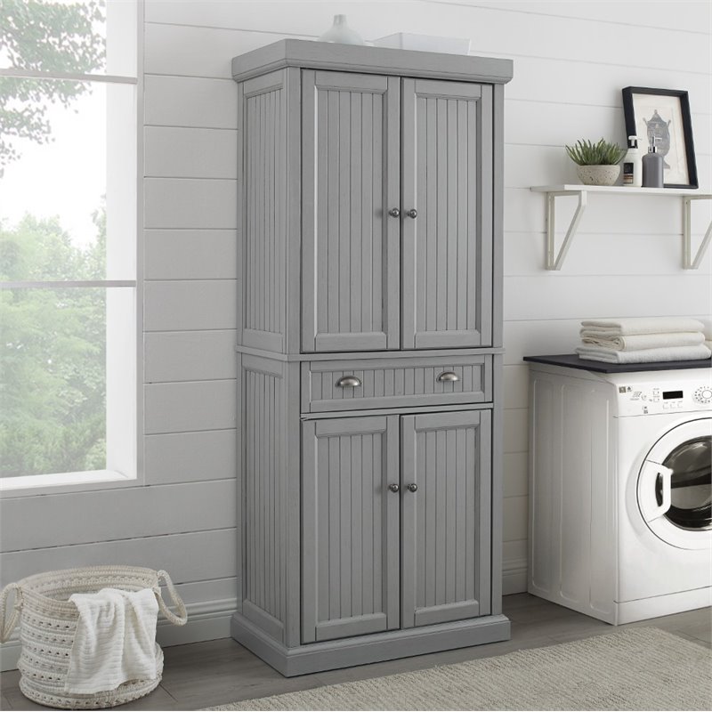 Crosley Furniture Seaside Coastal Wood/Metal Pantry in Distressed Gray and Gold