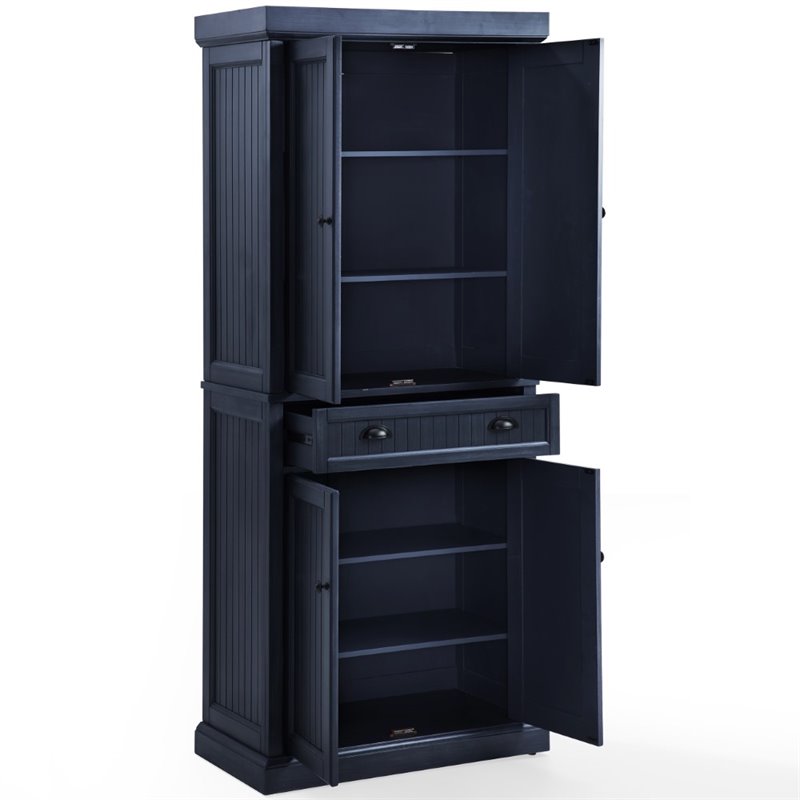 Crosley Furniture Seaside Coastal Wood/Metal Pantry in Distressed Navy and Black