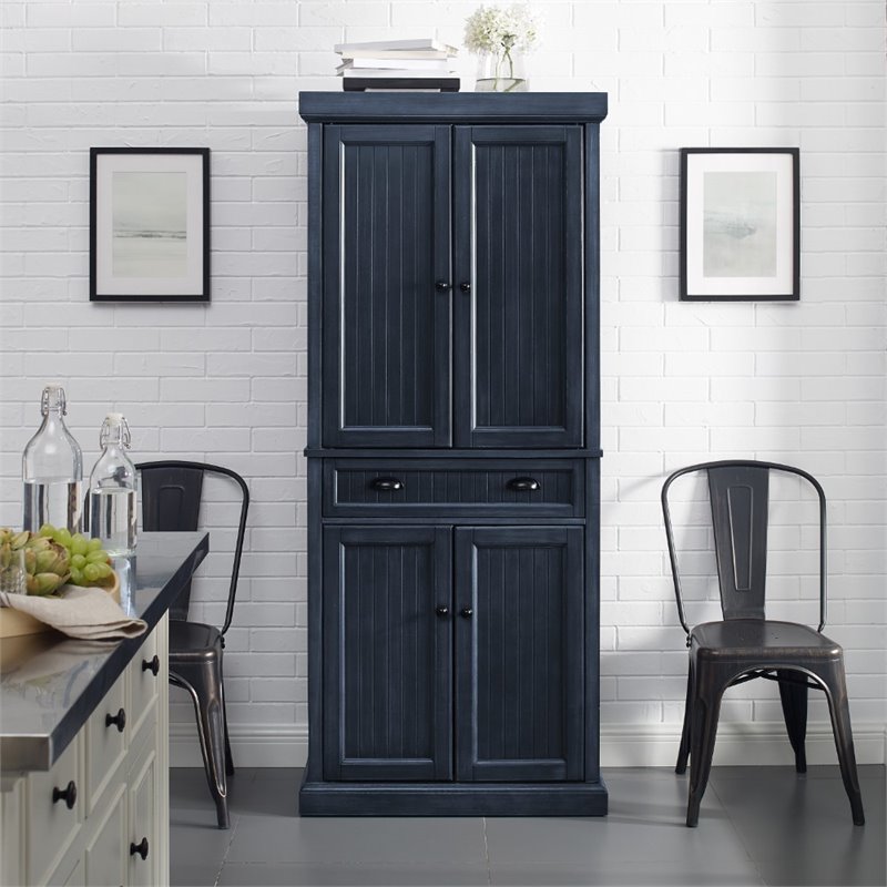 Crosley Furniture Seaside Coastal Wood/Metal Pantry in Distressed Navy and Black