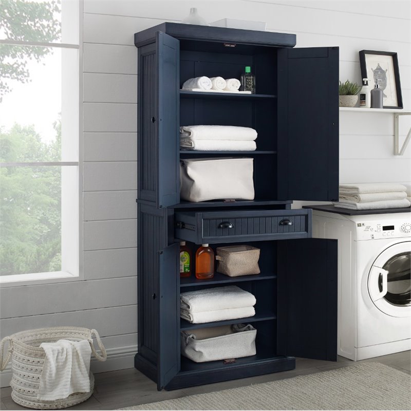 Crosley Furniture Seaside Coastal Wood/Metal Pantry in Distressed Navy and Black