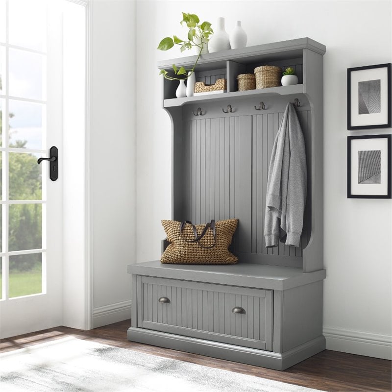 Crosley Seaside Wooden Coastal Hall Tree in Distressed Gray Cymax