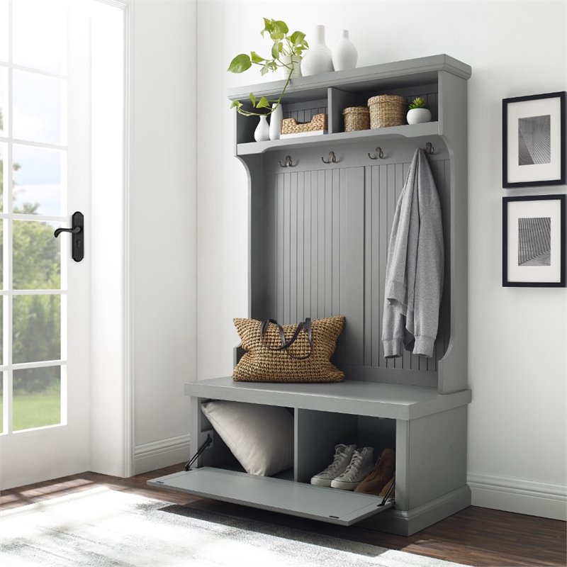 Crosley Furniture Seaside Coastal Wood Hall Tree in Distressed Gray and Chrome