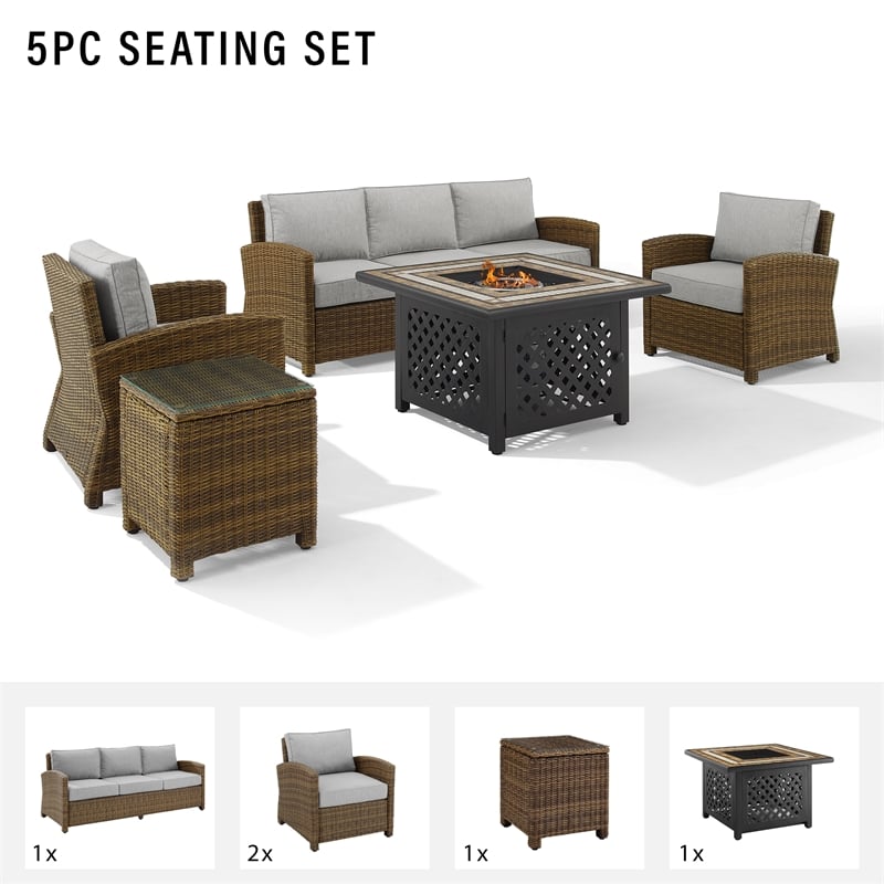 Crosley Furniture Bradenton 5pc Wicker / Rattan Sofa Set & Fire Table in Brown