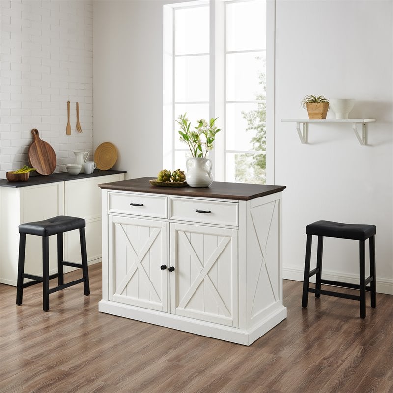 Crosley Furniture Clifton Modern Wood Kitchen Island w/ Saddle Stools in White