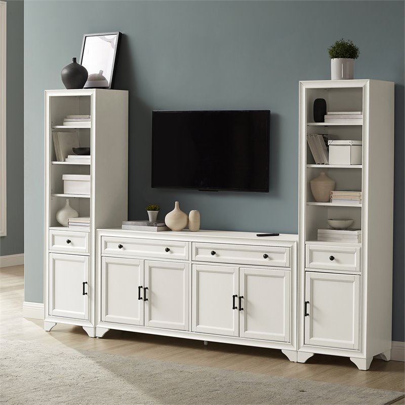 Crosley Furniture Tara 3-PC Entertainment Center/Sideboard & Bookcases in White